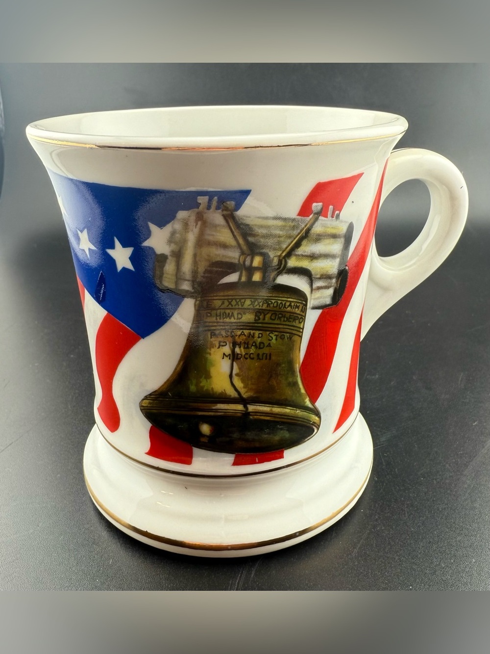 vintage Americana Liberty Bell ceramic mug. Classic pedestal base w/gold trim